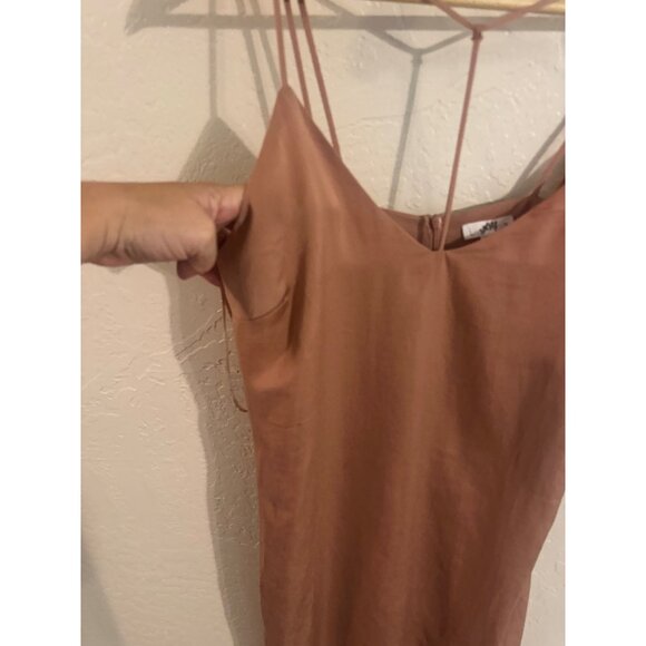 NWT Leith Champagne Bronze T strap V neck Silky Mini Cocktail Dress - Picture 3 of 11
